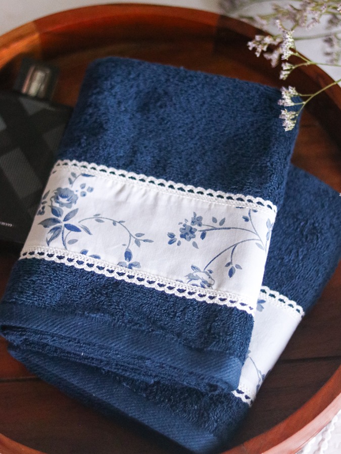 Hand Towel - Navy blue with floral and lace (Size: 16