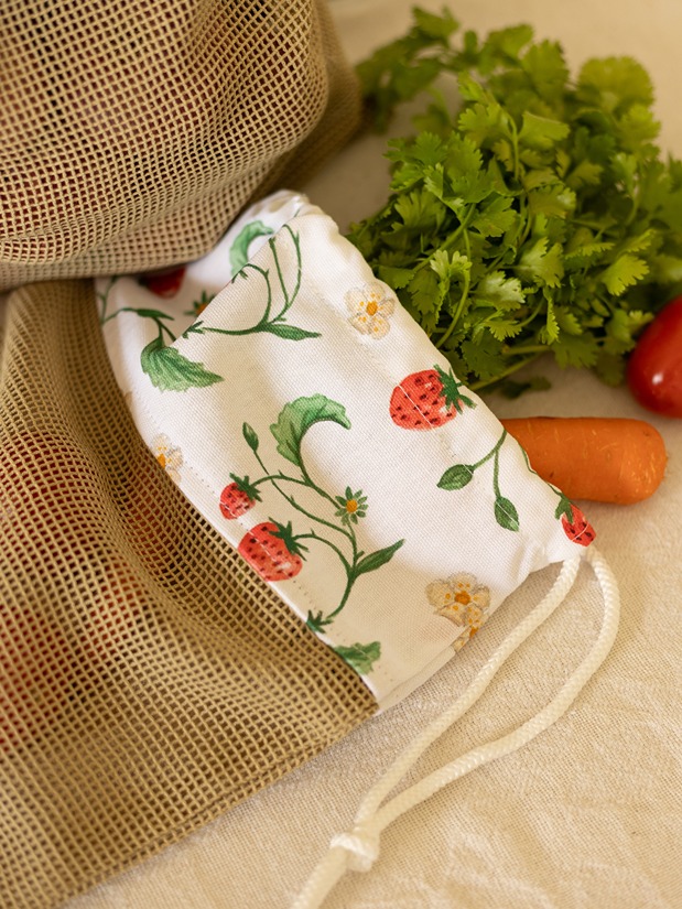 Reusable Veggie Bag - strawberry themed  on greet jute cotton