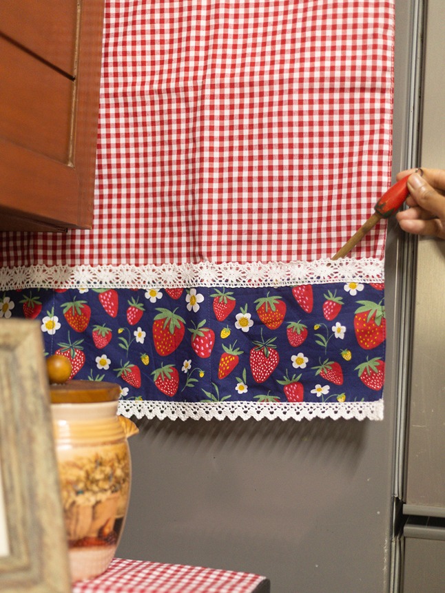 Fridge Top Cover - Red gingham with strawberry detailing (Size: Large / Medium)