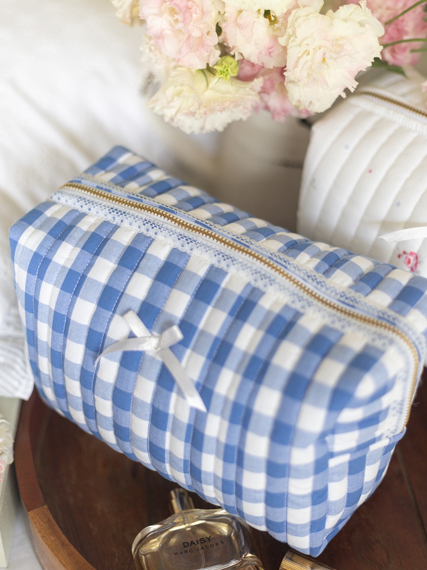 Quilted Multipurpose Pouch / Cosmetic Kit - Blue Gingham and lace (Large size: 9