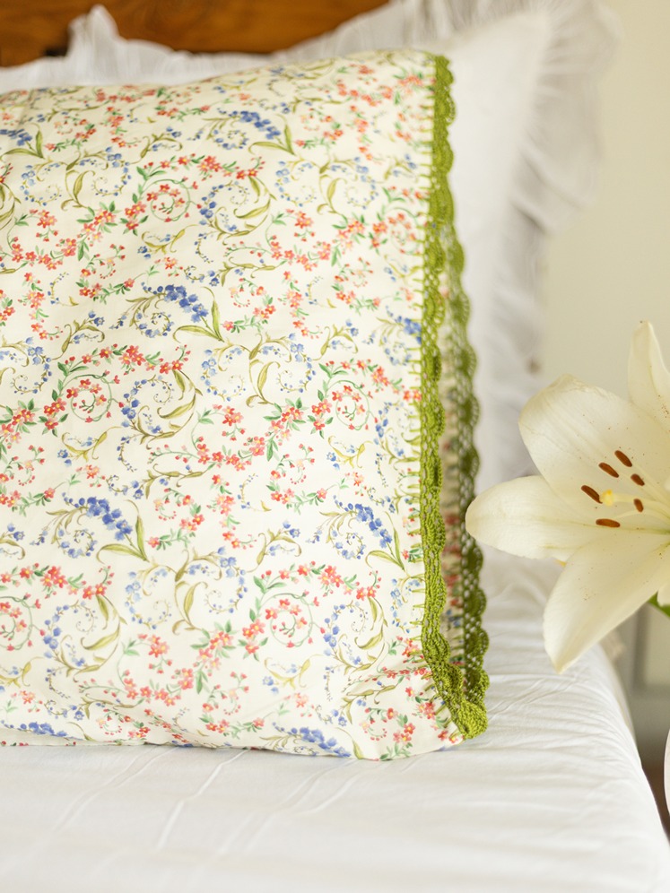 Pillow Covers - Whispering Wildflowers with green handmade crochet lace detailing (Set of 2 units)