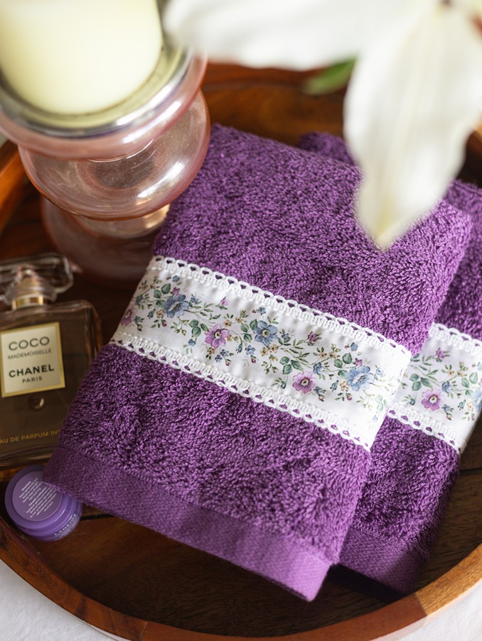 Hand Towel - Purple with floral band and lace detailing (Size: 16