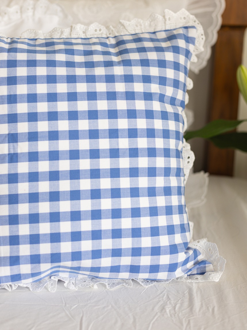 Cushion Covers - Classic Blue Gingham with lace ruffled edges (16