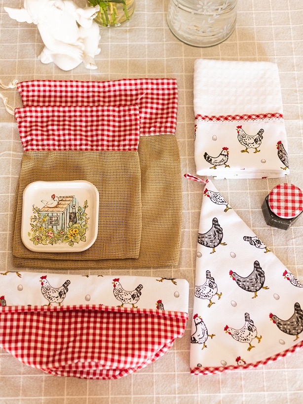 Farmhouse style gift bundle for kitchen - Set of 5 - Fabric Basket, Appliance Cover, Napkin and Vegie Bags