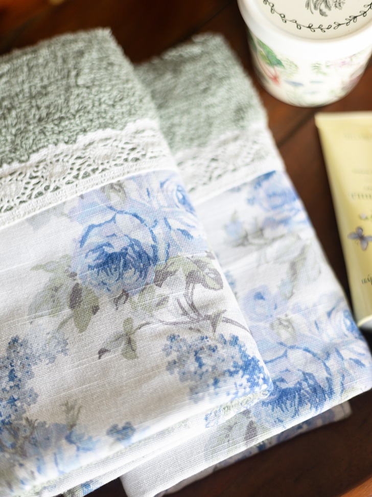 Hand Towel - Grey with blue floral and lace (Size: 16