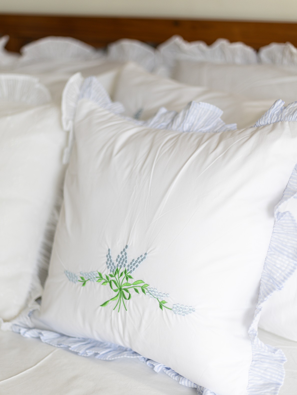 Cushion Covers - White with blue floral embroidery and ruffled edges (16