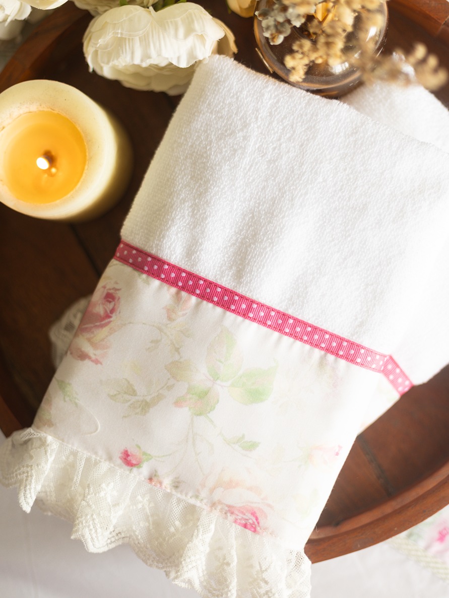 Hand Towel - White with Blush and Bloom, polka and ruffled lace detailing (Size: 16