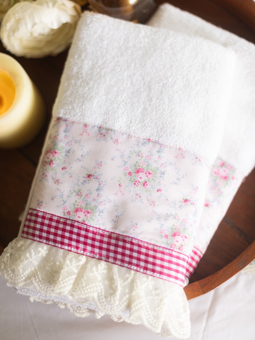 Hand Towel - White with pink floral, gingham and ruffled lace detailing (Size: 16