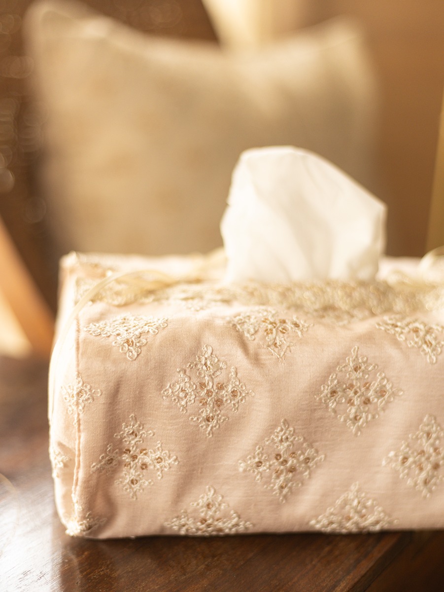 Tissue Box Cover - Pastel Pink with Embroidery - Festive (Single Unit) - Large 