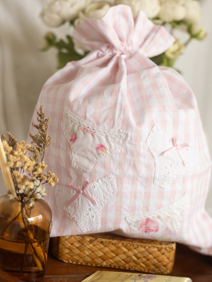 Drawstring Bag - Pink Gingham with undergarments hand applique detailing (Size: 12