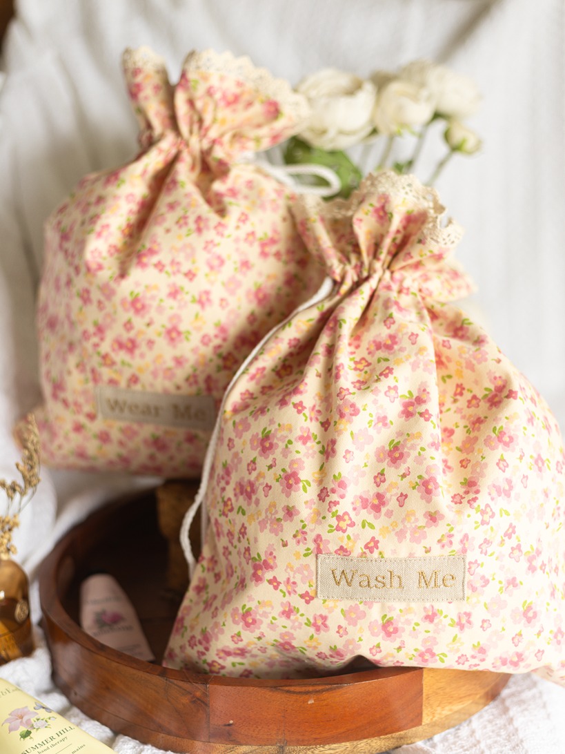 Drawstring Bag -  Little Florals on Beige (Set of 2 units - Wear Me and Wash Me)