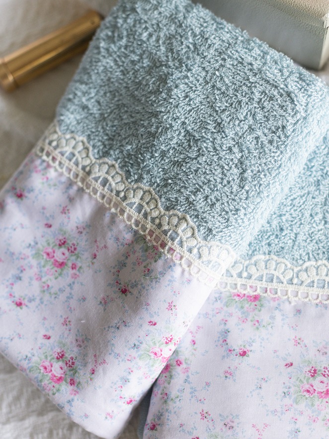 Hand Towel - Teal Blue with floral overlap and lace (Size: 16