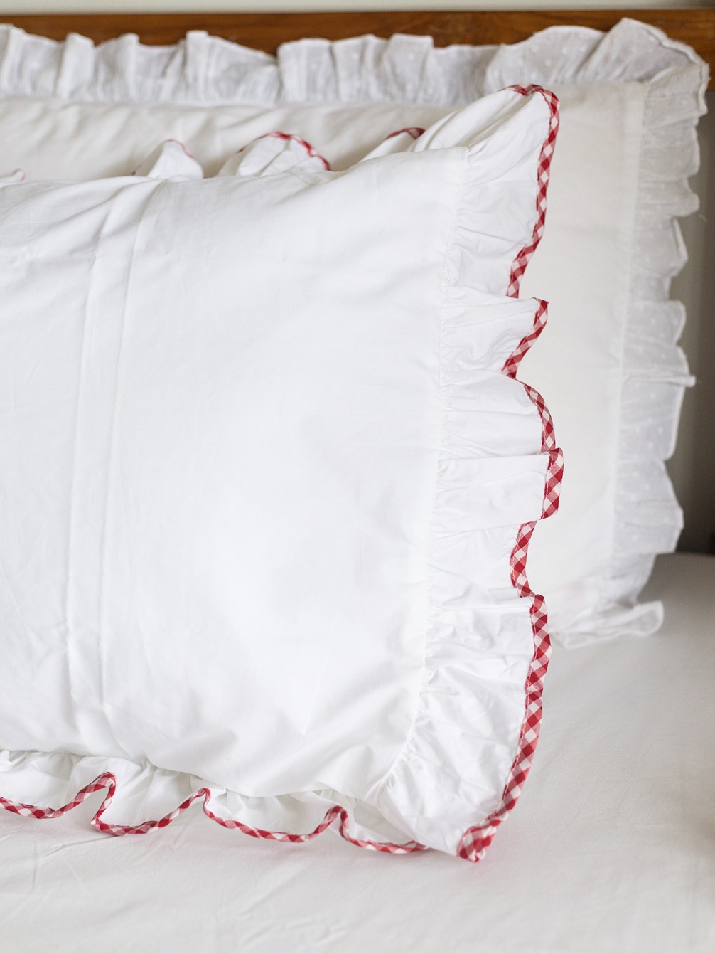 Pillow Covers - White with red gingham detailing on ruffled edges around (Set of 2 units)