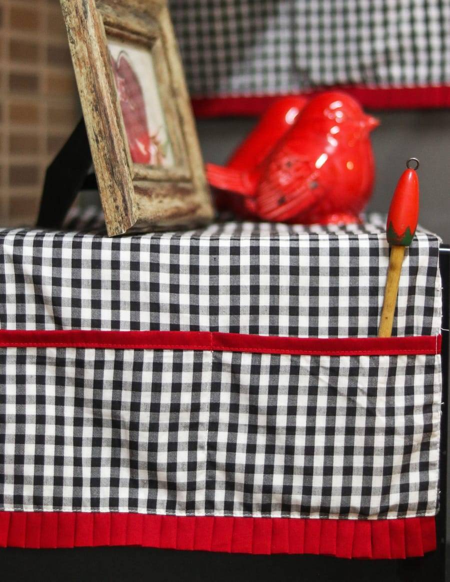 Kitchen Appliance Cover (For Oven) - Black and white gingham with red pleated detailing