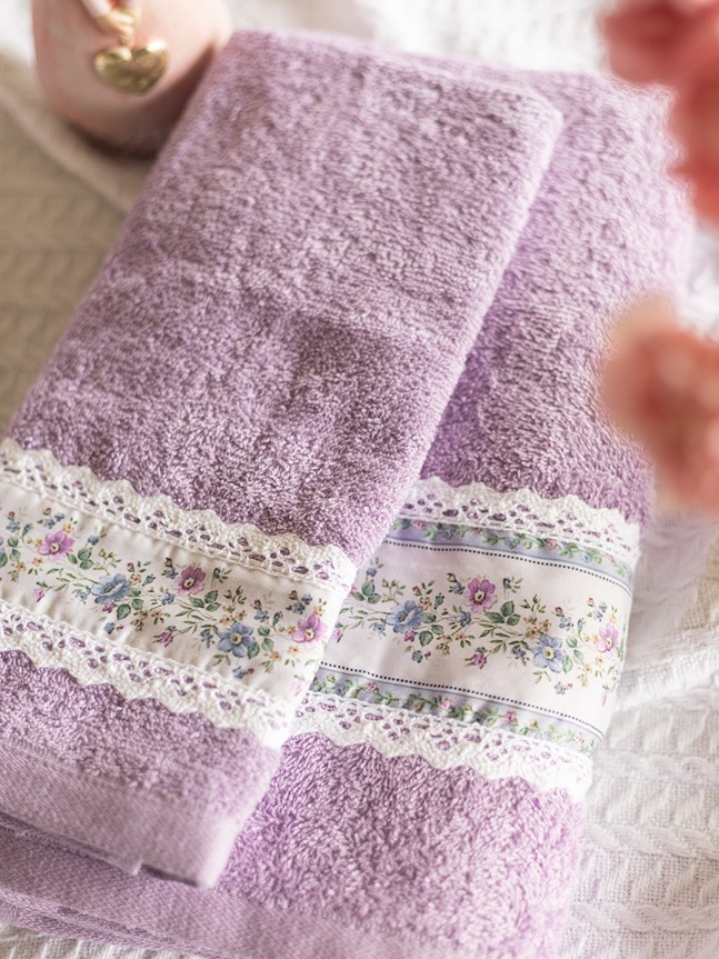 Bath & Hand Towel Set - Purple with floral band