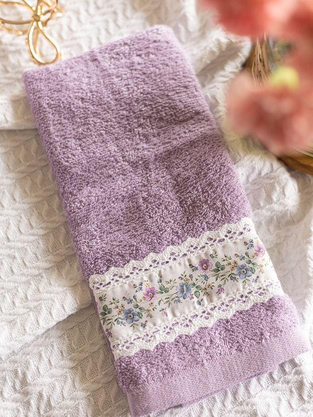 Hand Towel - Light purple with floral band and lace (Size: 16