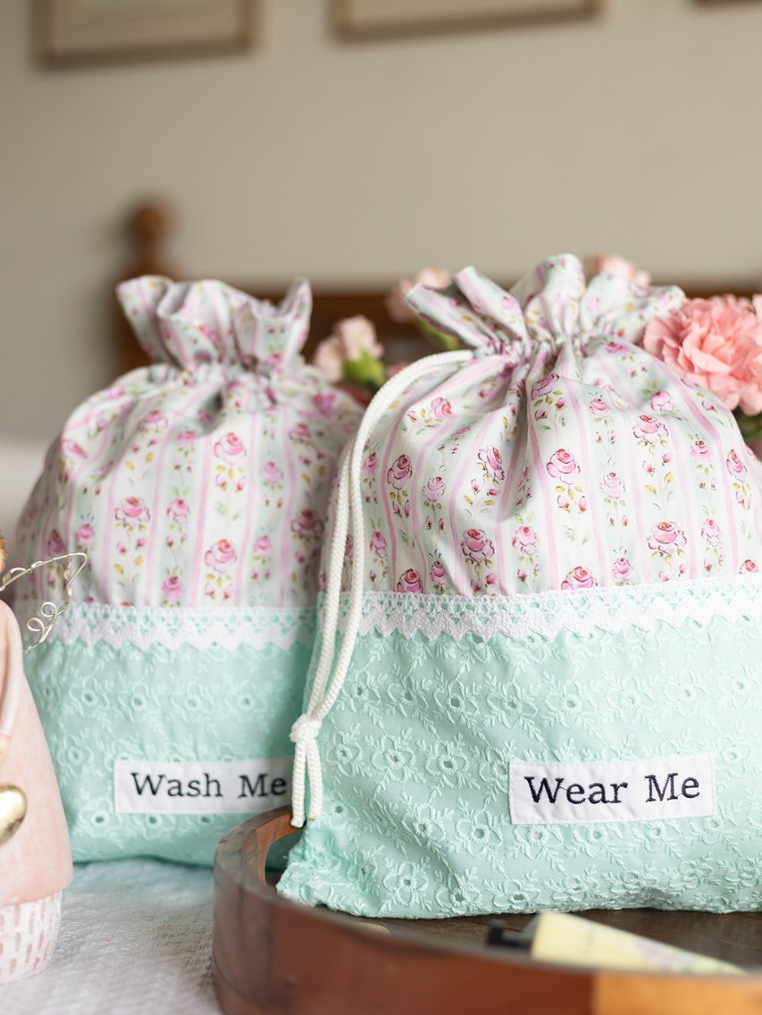Drawstring Bag -  Green hakoba and florals (Set of 2 units - Wear Me and Wash Me)