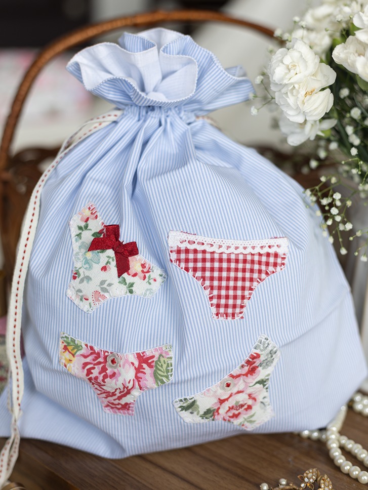 Drawstring Bag - Blue stripes with undergarments hand applique detailing (Size: 12