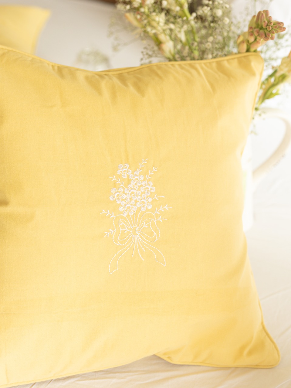 Cushion Covers - Soft yellow with floral embroidery (16
