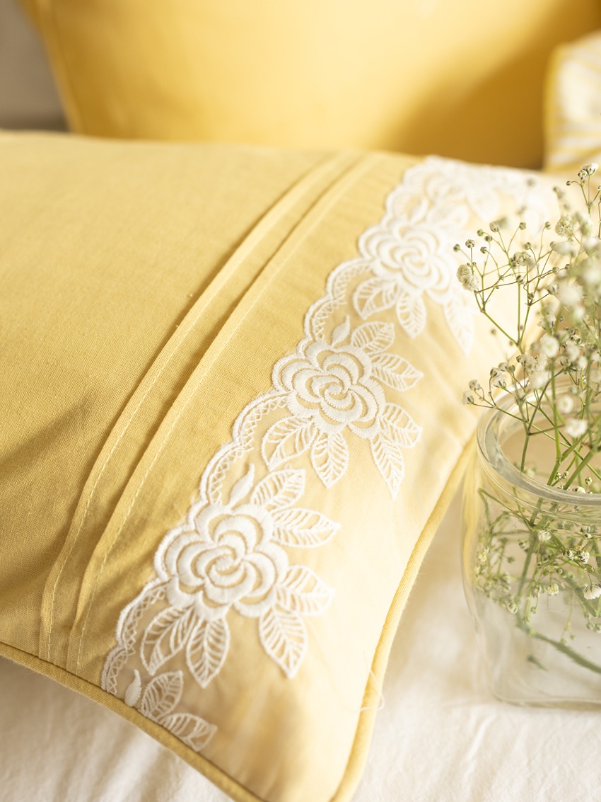 Lumbar Cushion Covers - Yellow with beautiful lace detailing (12
