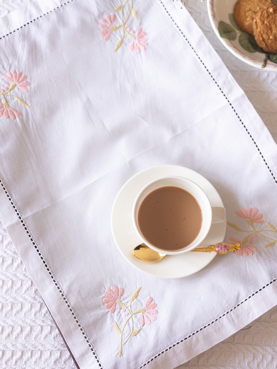Hand Embroidered Tray Cloth - White with peach floral hand embroidery (Small Size; Single Unit)