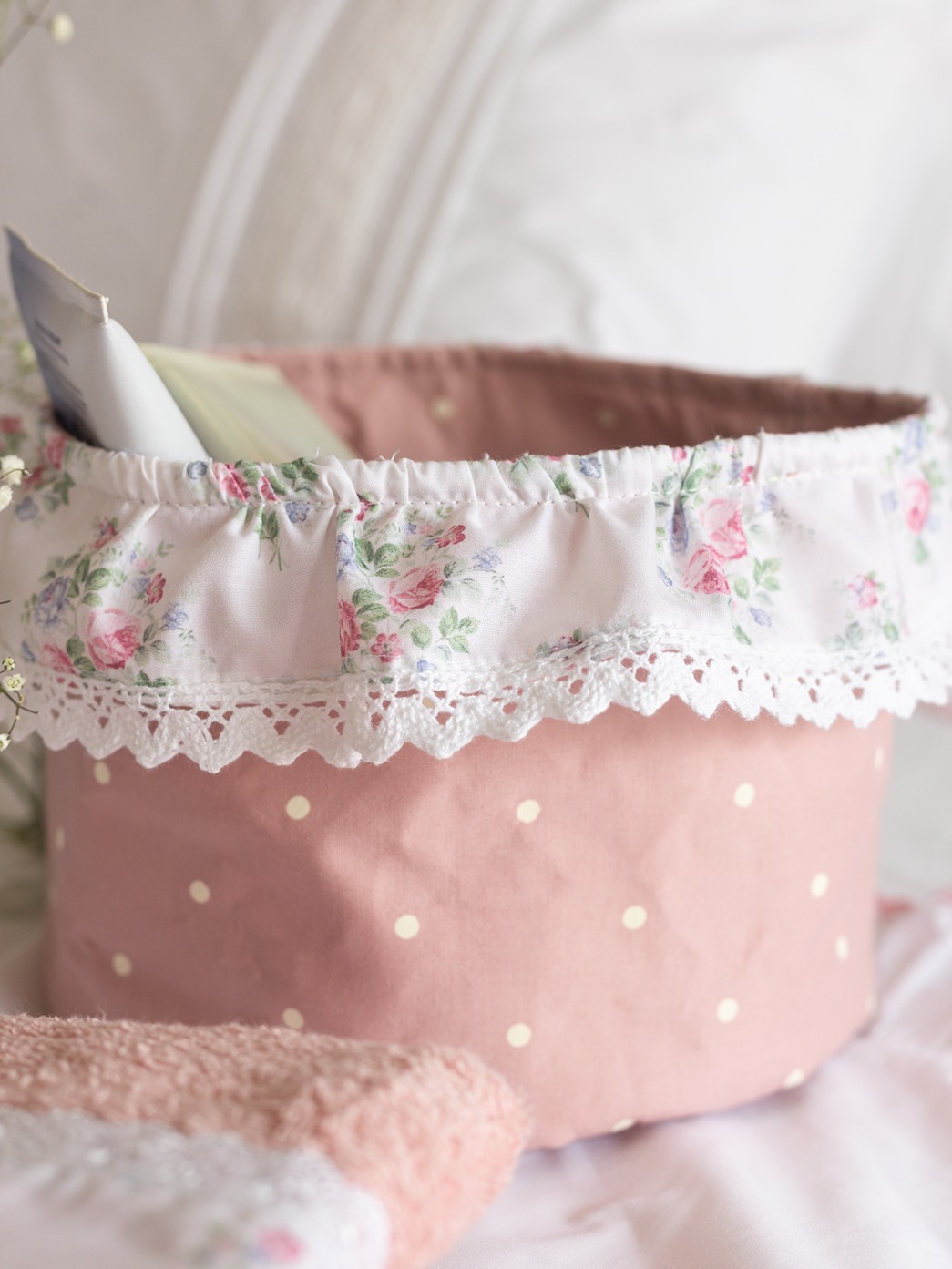 Fabric Baskets with ruffled edges - Garden Whispers on Pink Polka (Single Unit)