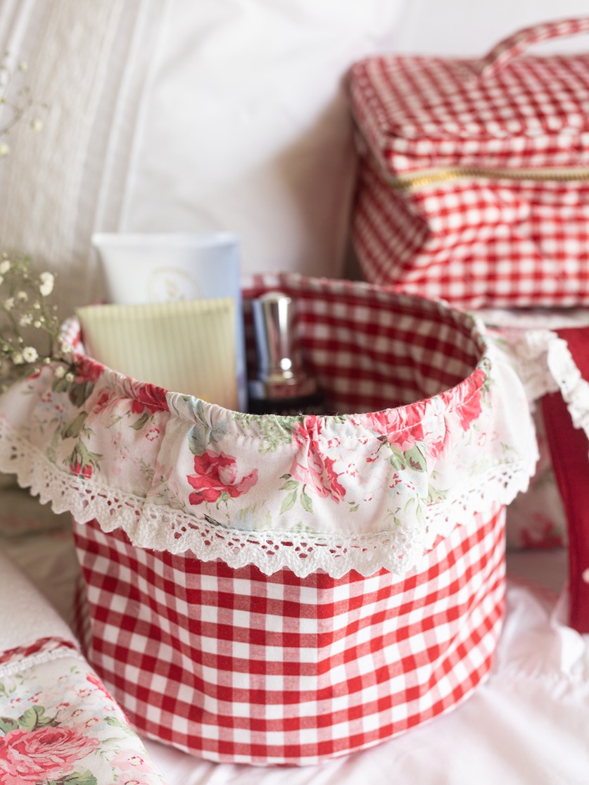 Fabric Baskets with ruffled edges - Eternal Rose on Red Gingham (Single Unit)
