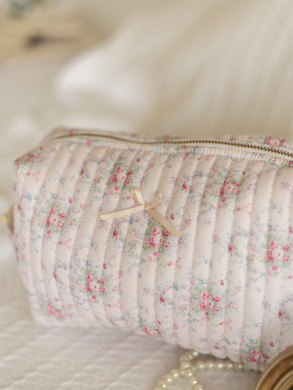 Quilted Multipurpose Pouch / Cosmetic Kit - Pink Floral (Large size: 9