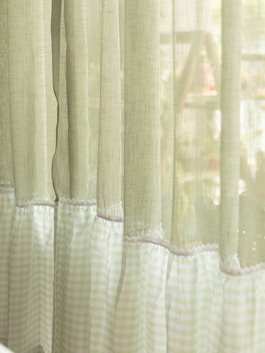 Door / Window Curtain - Green Sheer - Pastel Green Gingham Ruffles  (Single Unit)