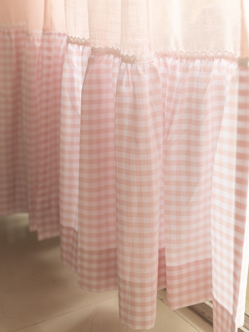 Door / Window Curtain - Pink Sheer - Pastel Pink Gingham Ruffles  (Single Unit)