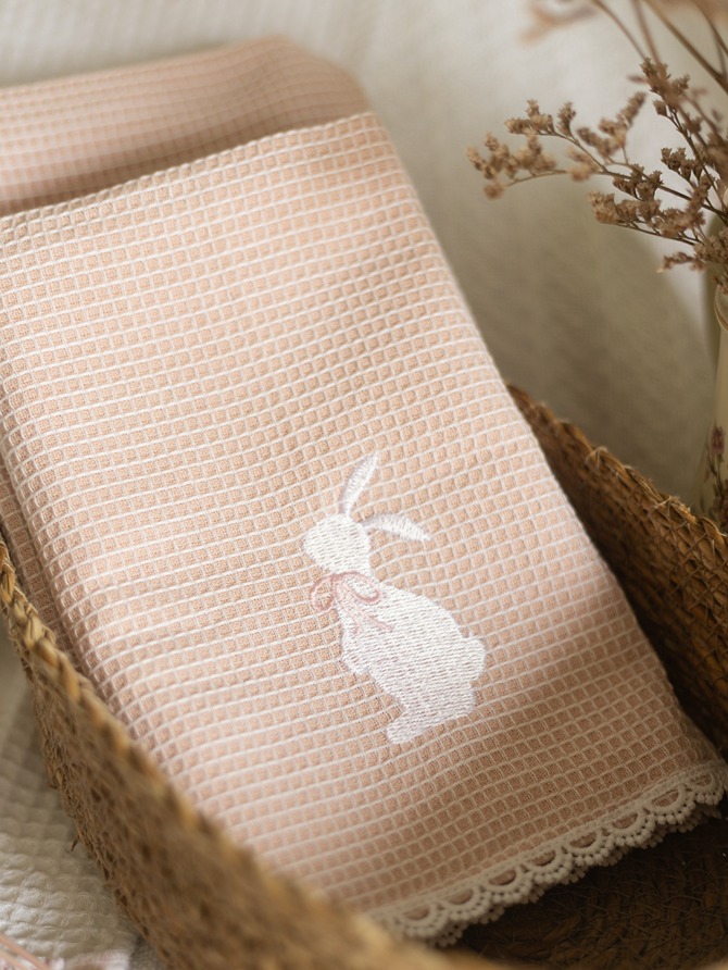 Springtime Hops - Pink with white bunny embroidery and lace detailing (Size: 19