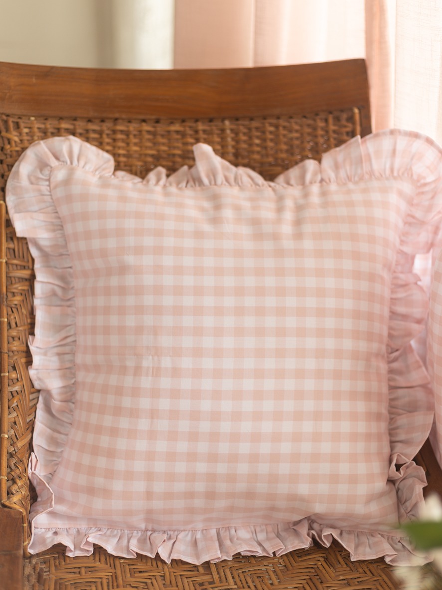 Cushion Covers - Pastel Pink Gingham with ruffled edges (16