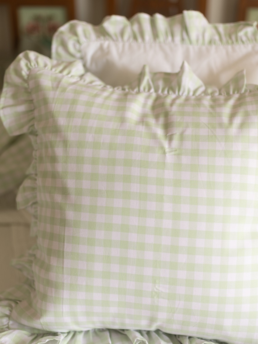 Cushion Covers - Pastel Green Gingham with ruffled edges (16