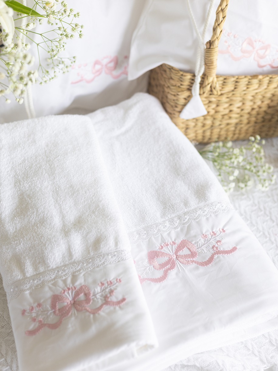 Bath & Hand Towel Set - Bownique Collection - White and Pink