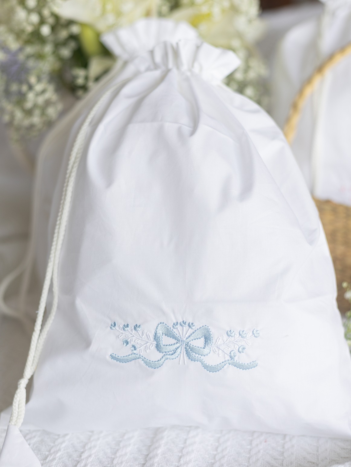 Drawstring Bag - Bownique - White and Blue (Size: 12