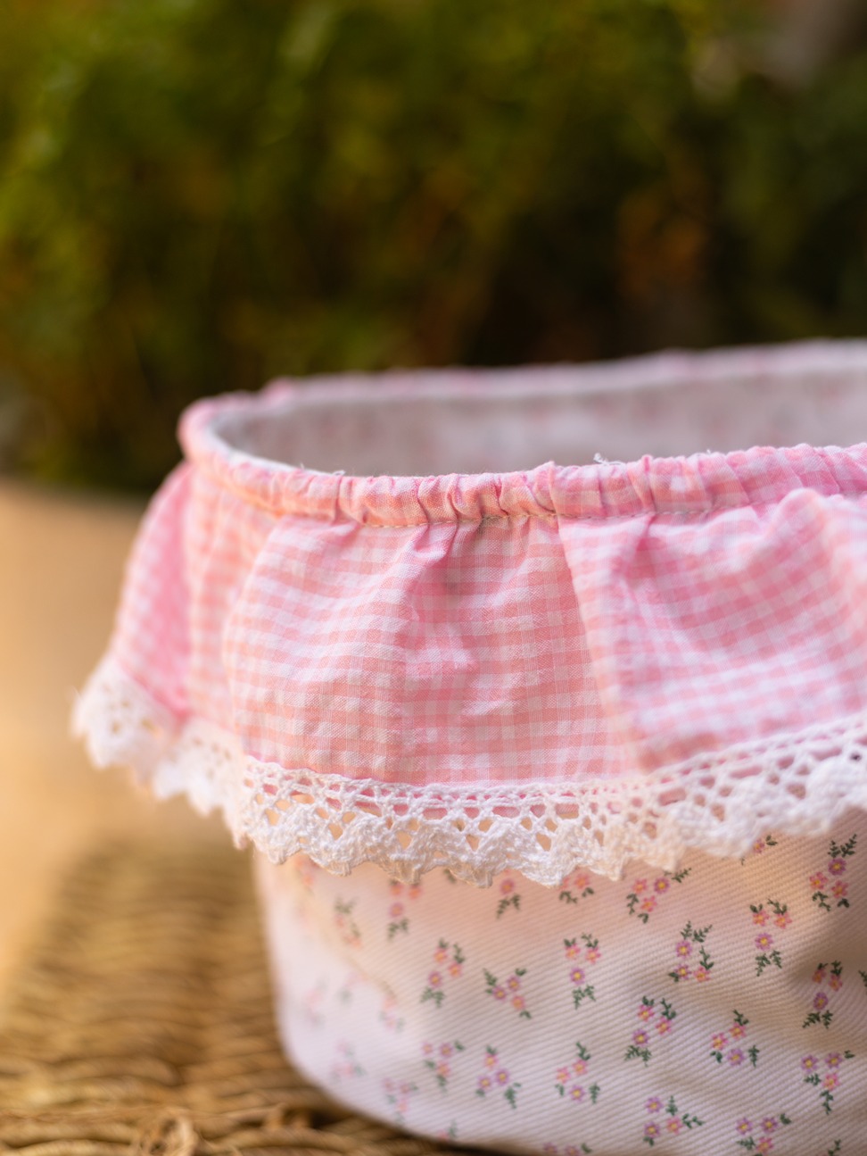 Fabric Baskets with ruffled edges - Pretty Little Pink Floral and gingham Themed (Single Unit)