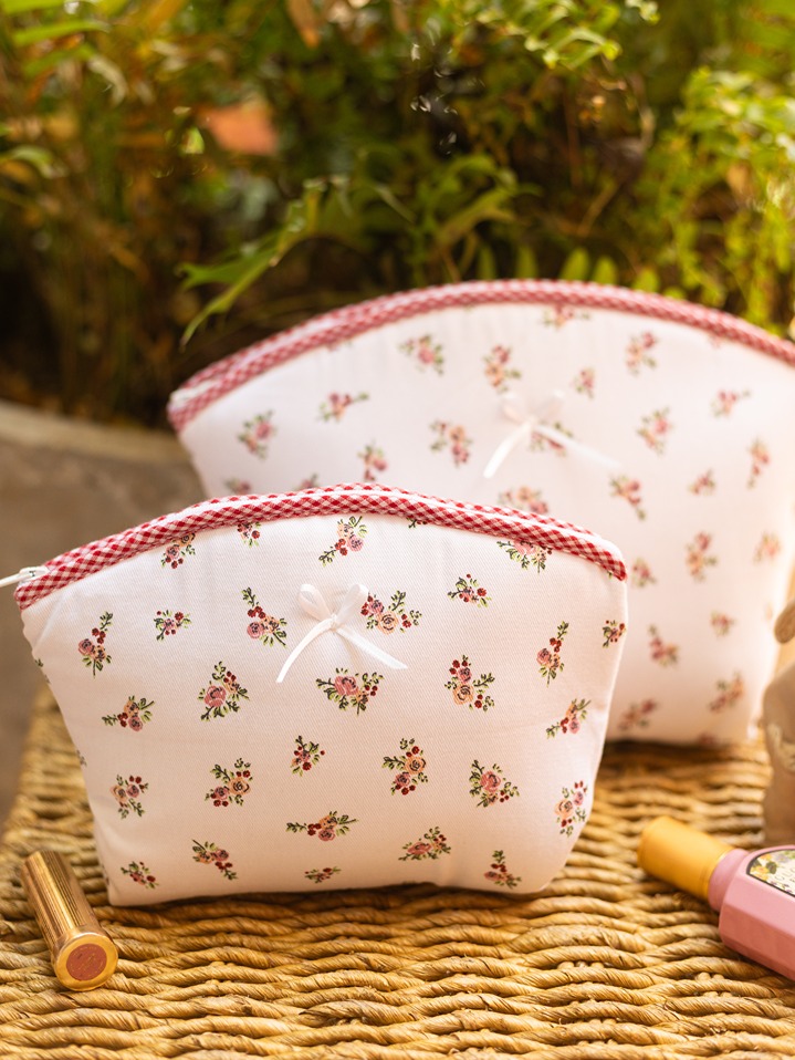 Multipurpose Pouch / Cosmetic Kit - Pretty Little Red Floral - Set of Two (Medium & Large)
