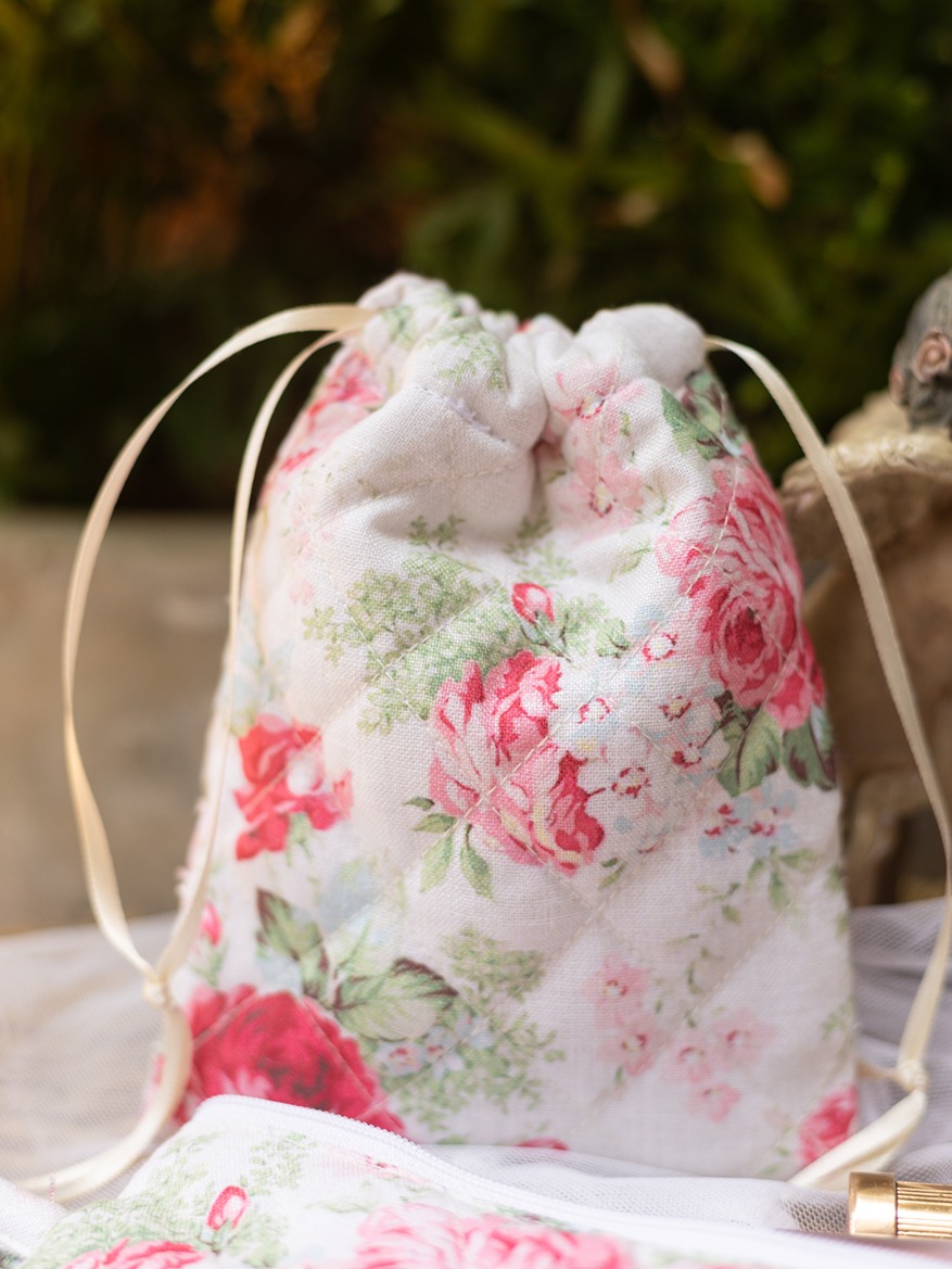 Small Quilted Drawstring Pouch - Eternal Rose Collection (Size: 4.5