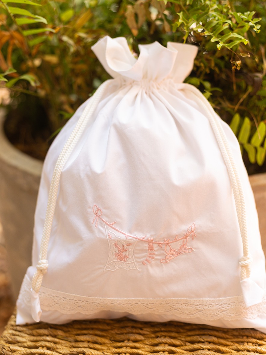 Drawstring Bag -White with  Cloth Line Embroidery detailing - Pink (Size: 12