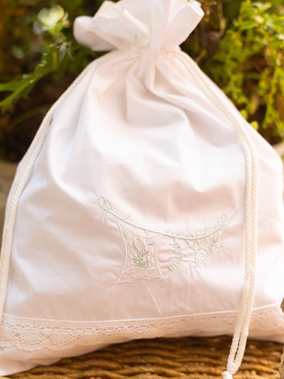 Drawstring Bag -White with  Cloth Line Embroidery detailing - Green (Size: 12