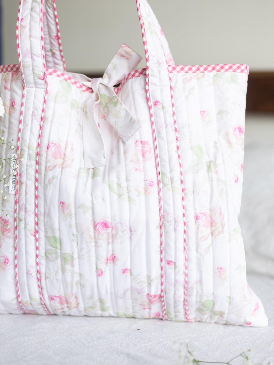 Quilted Tote Bag with Bow Tying – Blush and Bloom (Medium size: 14.5