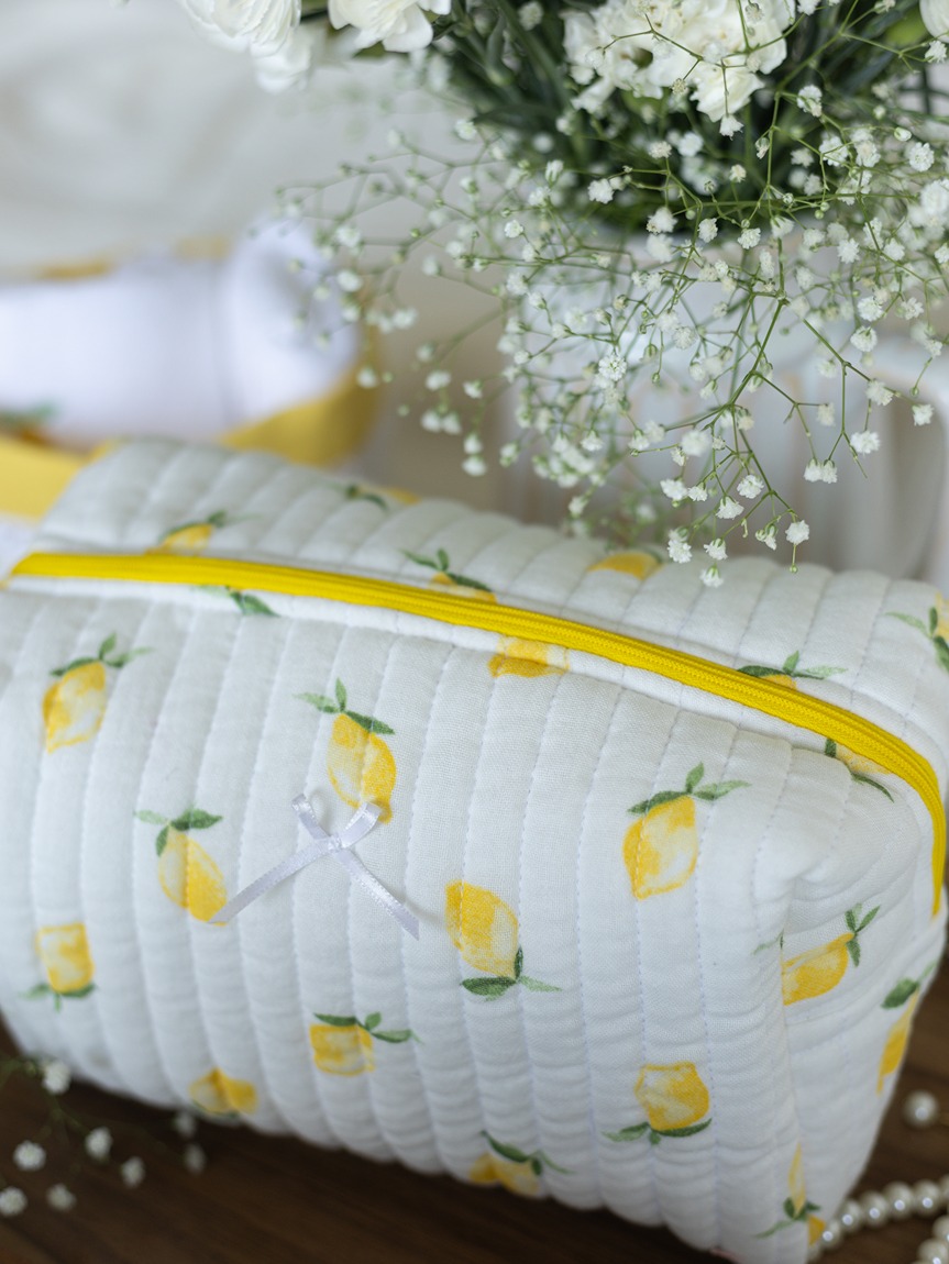 Quilted Multipurpose Pouch / Cosmetic Kit - Lemon Themed (Large size: 9