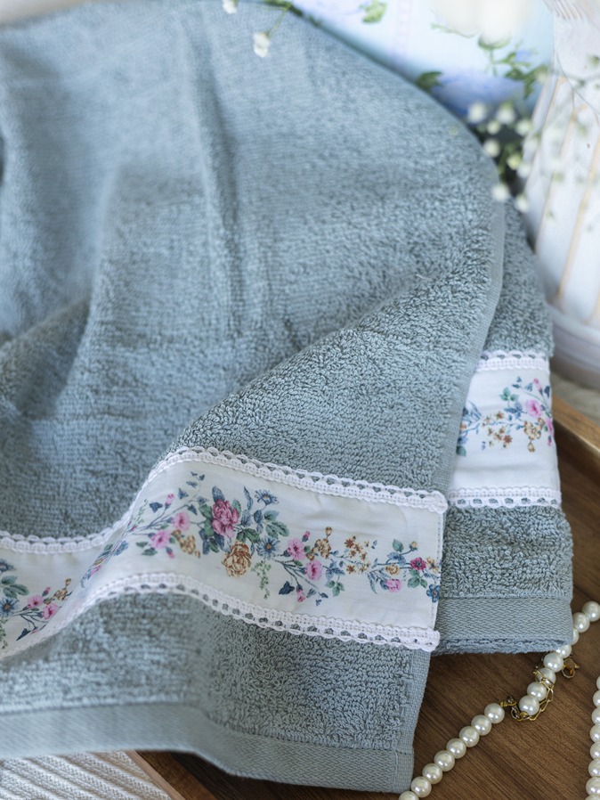 Hand Towel - Grey with Floral Band - Design 1 (Size: 16