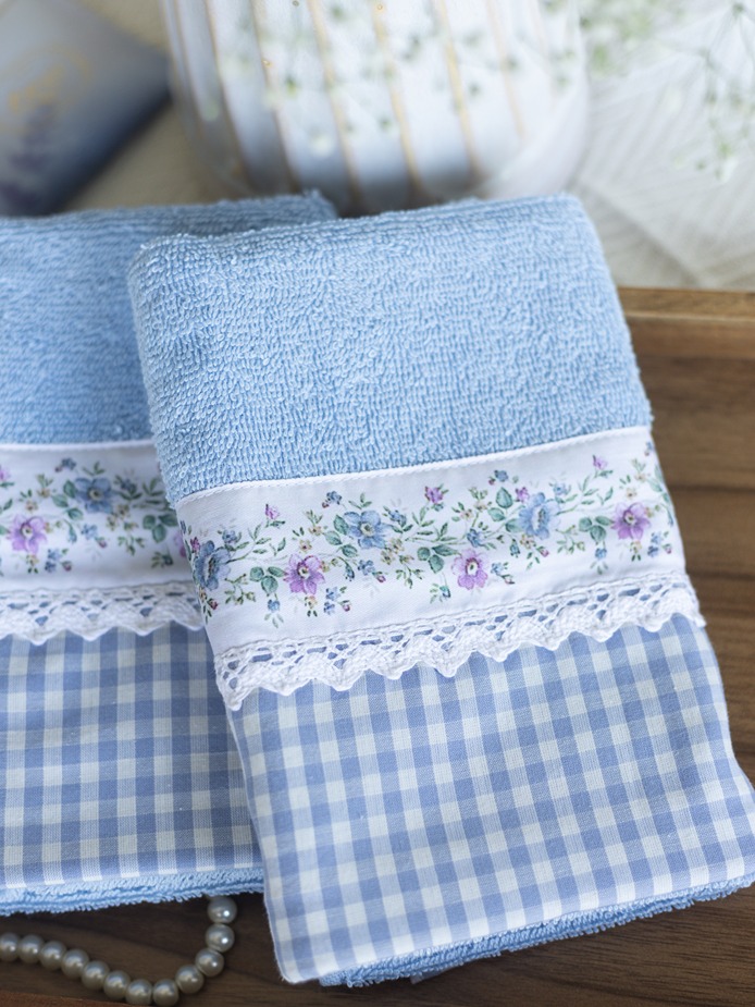 Hand Towel - Light blue with blue gingham and floral band (Size: 16