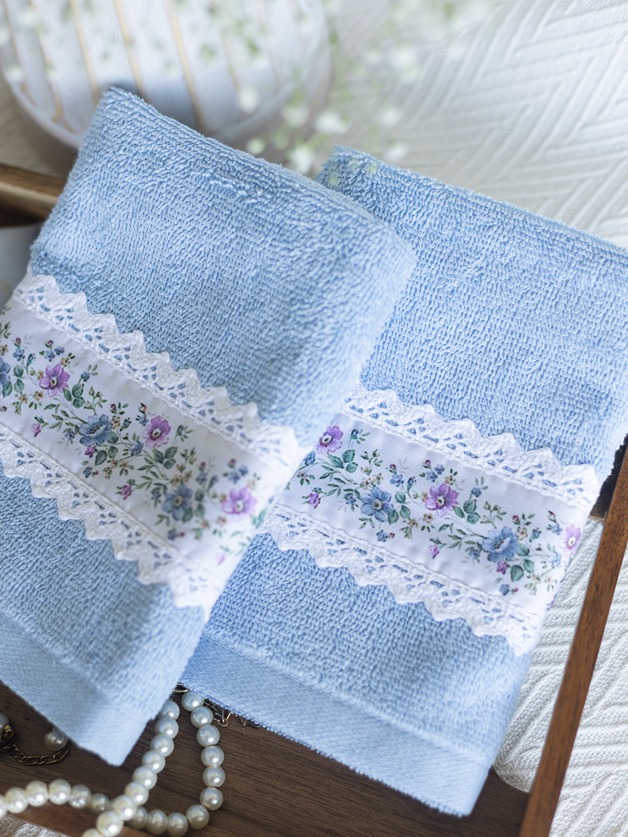 Hand Towel - Light blue with Floral Band - Design 1 (Size: 16