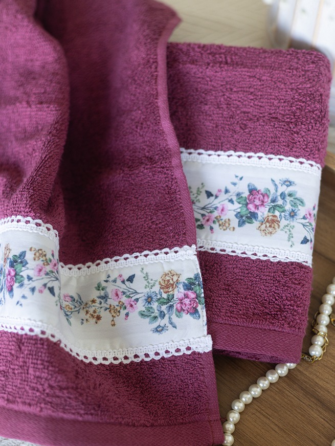 Hand Towel - Wine red with Floral Band (Size: 16