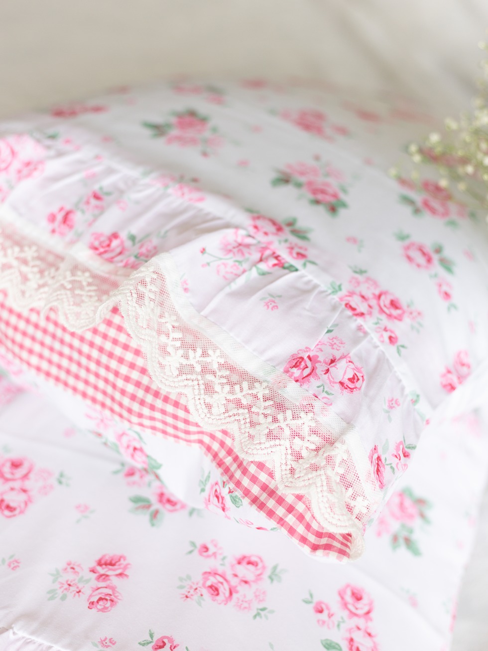 Pillow Covers - Floral Bliss Collection - with lace on ruffled edges (Set of 2 units)
