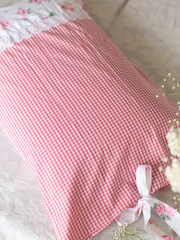 Pillow Covers - Floral Bliss Collection - Pink Gingham, floral patchwork and bow tying (Set of 2 units)