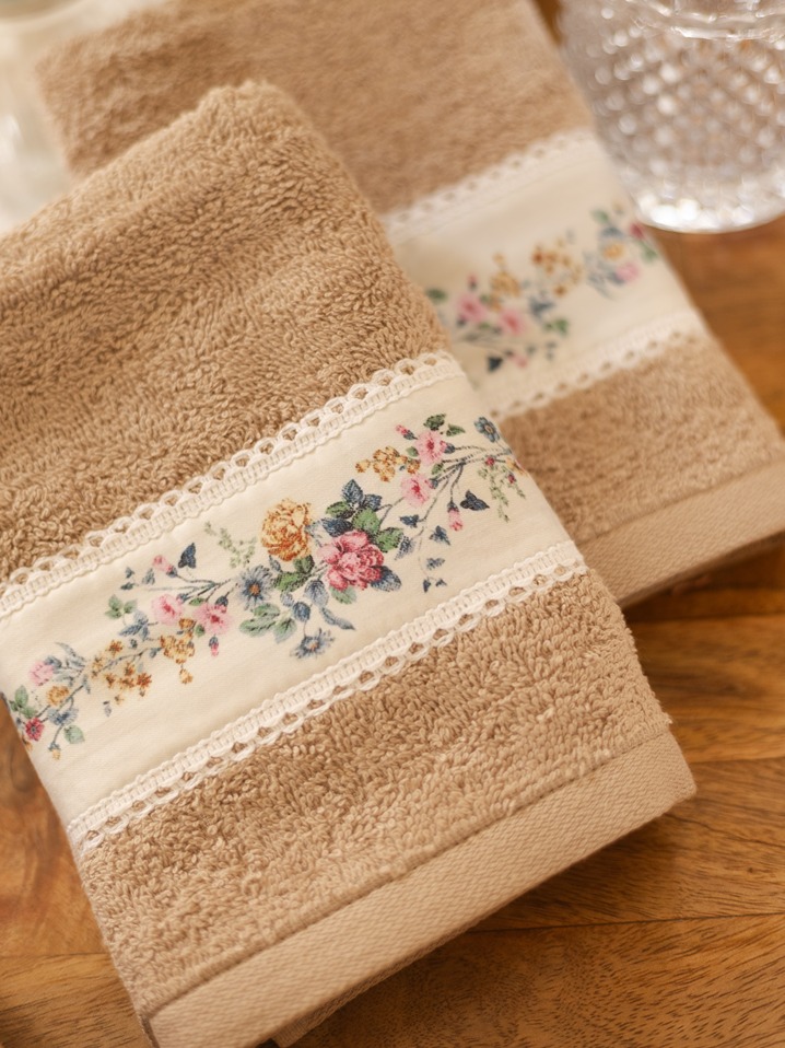 Hand Towel - Dark Beige with floral band (Size: 16