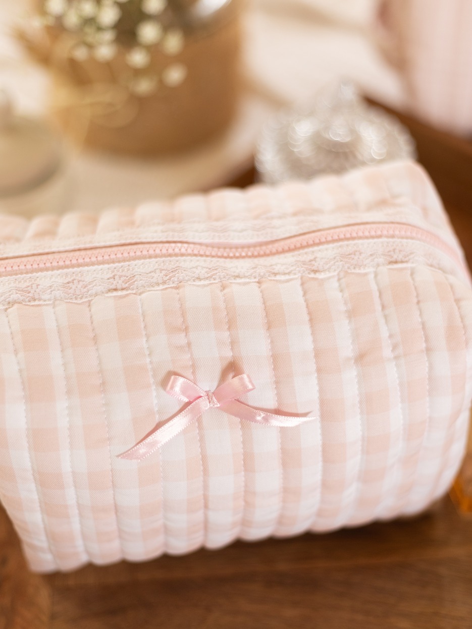 Quilted Multipurpose Pouch / Cosmetic Kit - Pastel Pink Gingham (Large size: 9